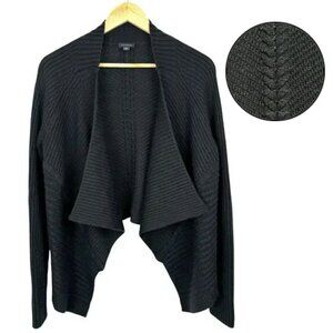 Ann Taylor Women Knit Cardigan Med Black Ribbed Cable Knit Open Front Wool Blend